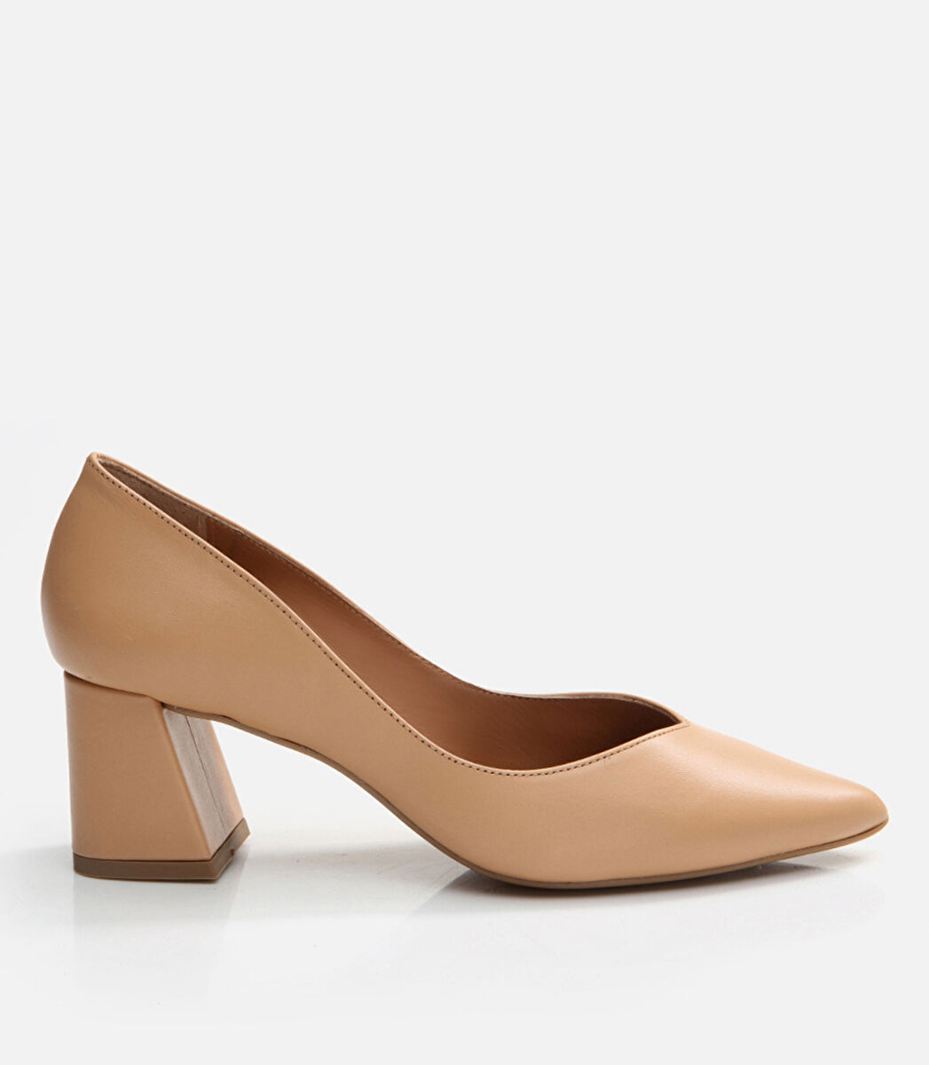 Kadın Deri Bej Kalın Topuklu Ayakkabı