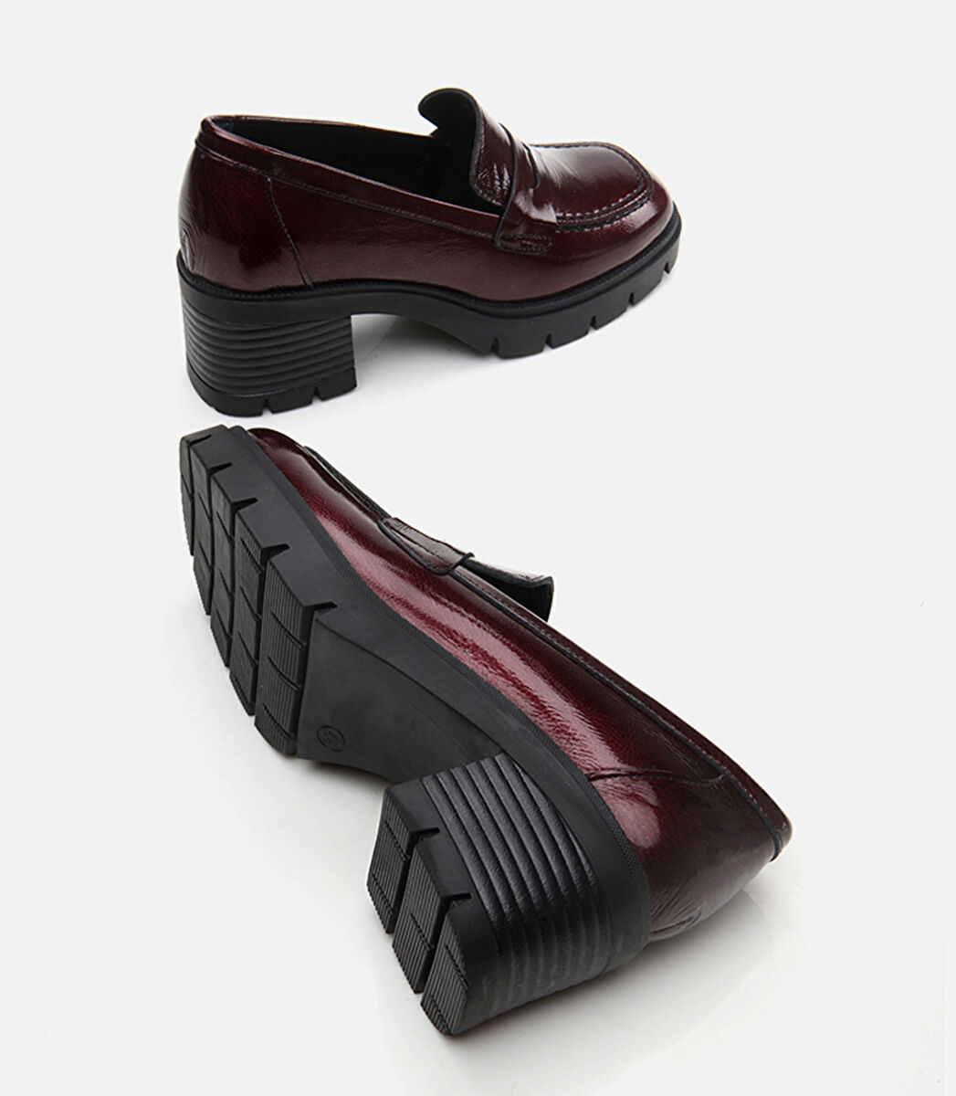 Kadın Rugan Deri Bordo Topuklu Klasik Loafer