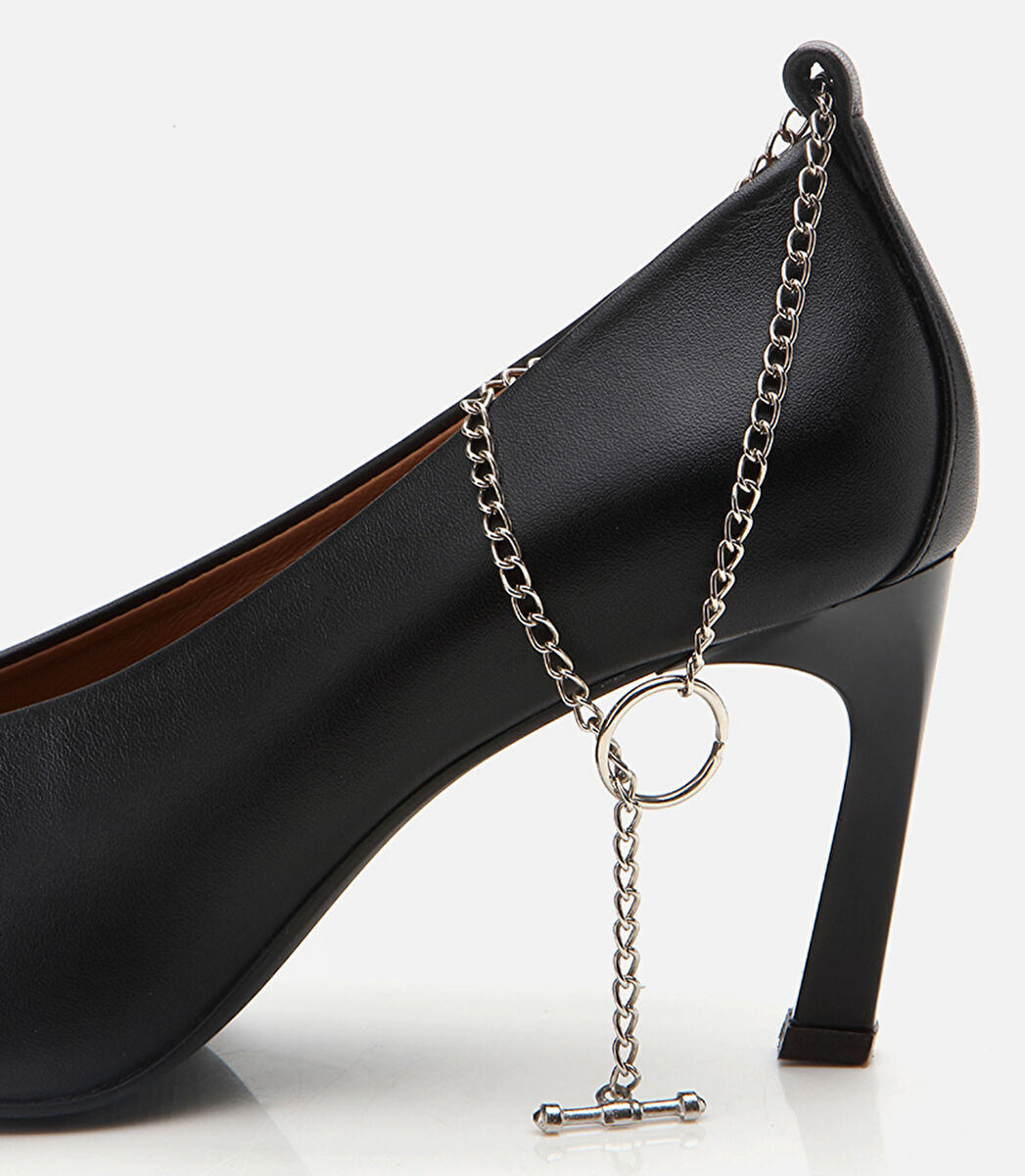 Kadın Deri Siyah Zincir Detaylı Stiletto