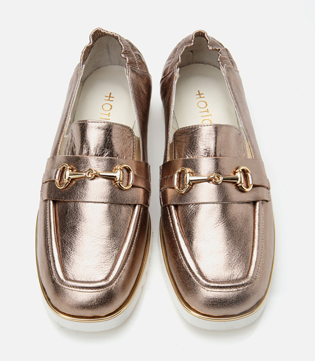Kadın Deri Bronz Lastik Detaylı Tokalı Günlük Loafer