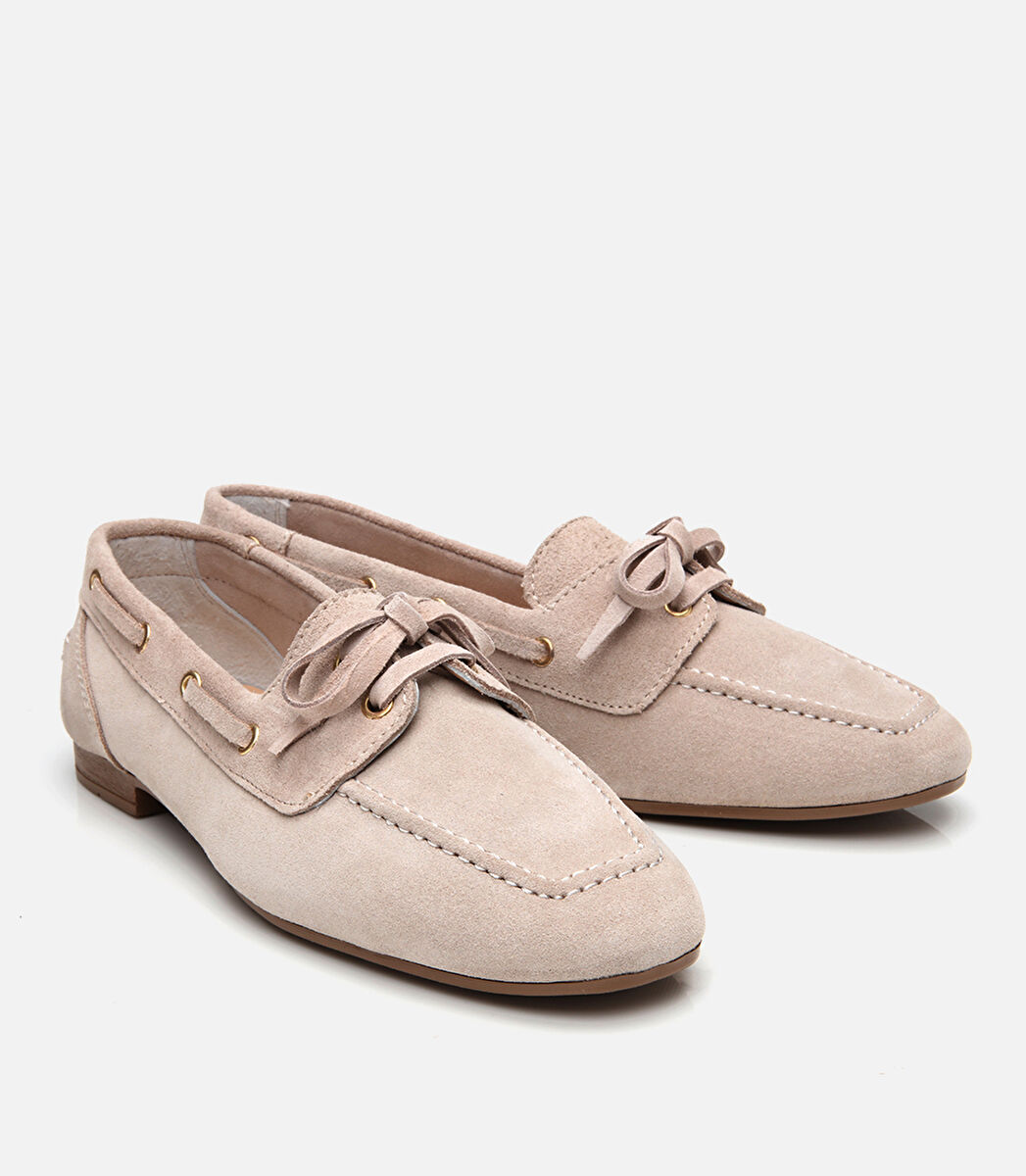 Kadın Süet Deri Bej Bağcıklı Günlük Loafer