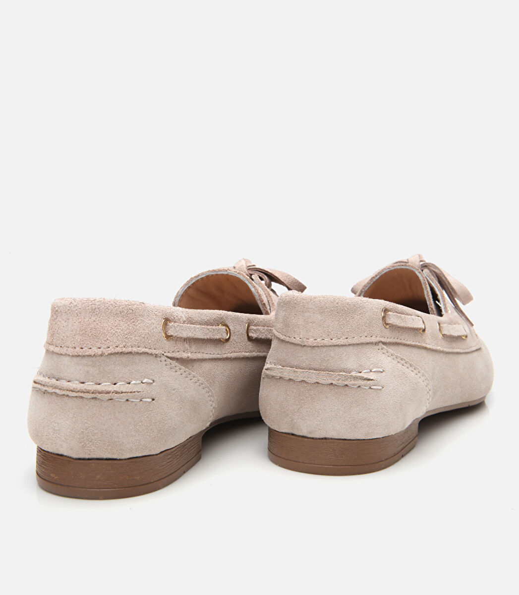 Kadın Süet Deri Bej Bağcıklı Günlük Loafer