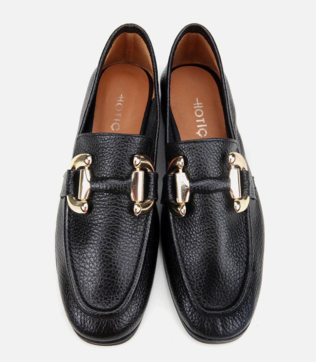 Kadın Deri Siyah Tokalı Klasik Loafer