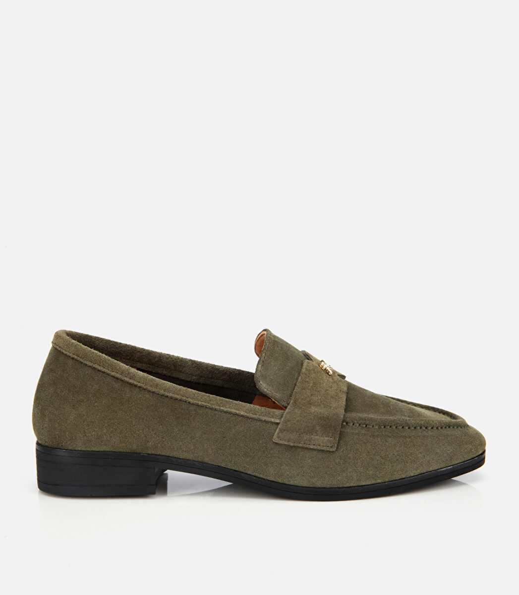 Kadın Süet Deri Haki Yumuşak Dokulu Klasik Loafer