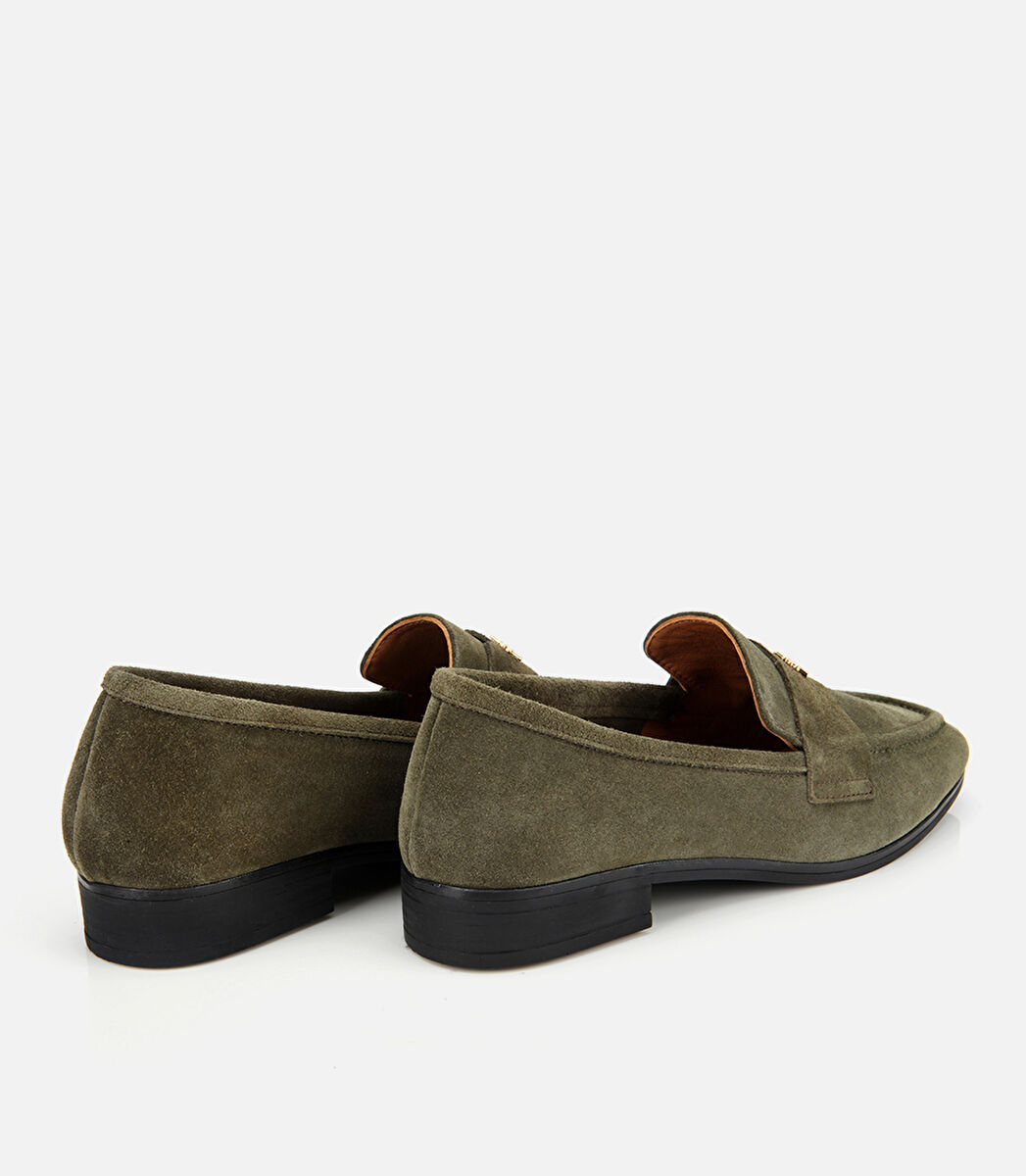 Kadın Süet Deri Haki Yumuşak Dokulu Klasik Loafer
