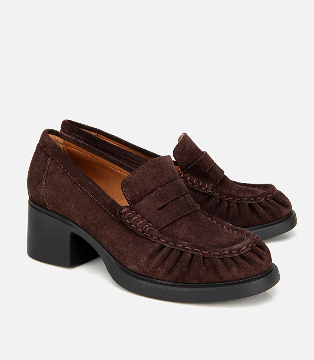 Kadın Süet Deri Kahverengi Kalın Topuklu Klasik Loafer