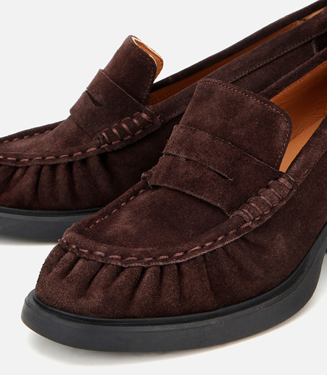 Kadın Süet Deri Kahverengi Kalın Topuklu Klasik Loafer