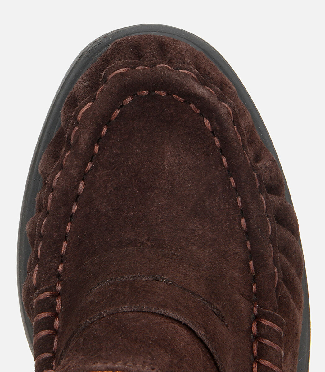 Kadın Süet Deri Kahverengi Kalın Topuklu Klasik Loafer