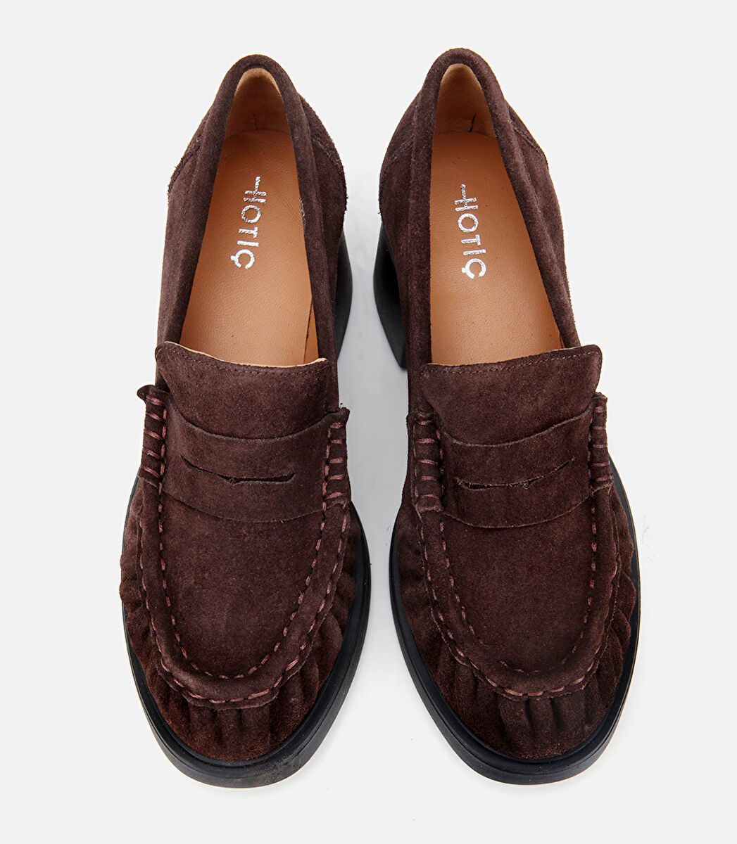 Kadın Süet Deri Kahverengi Kalın Topuklu Klasik Loafer