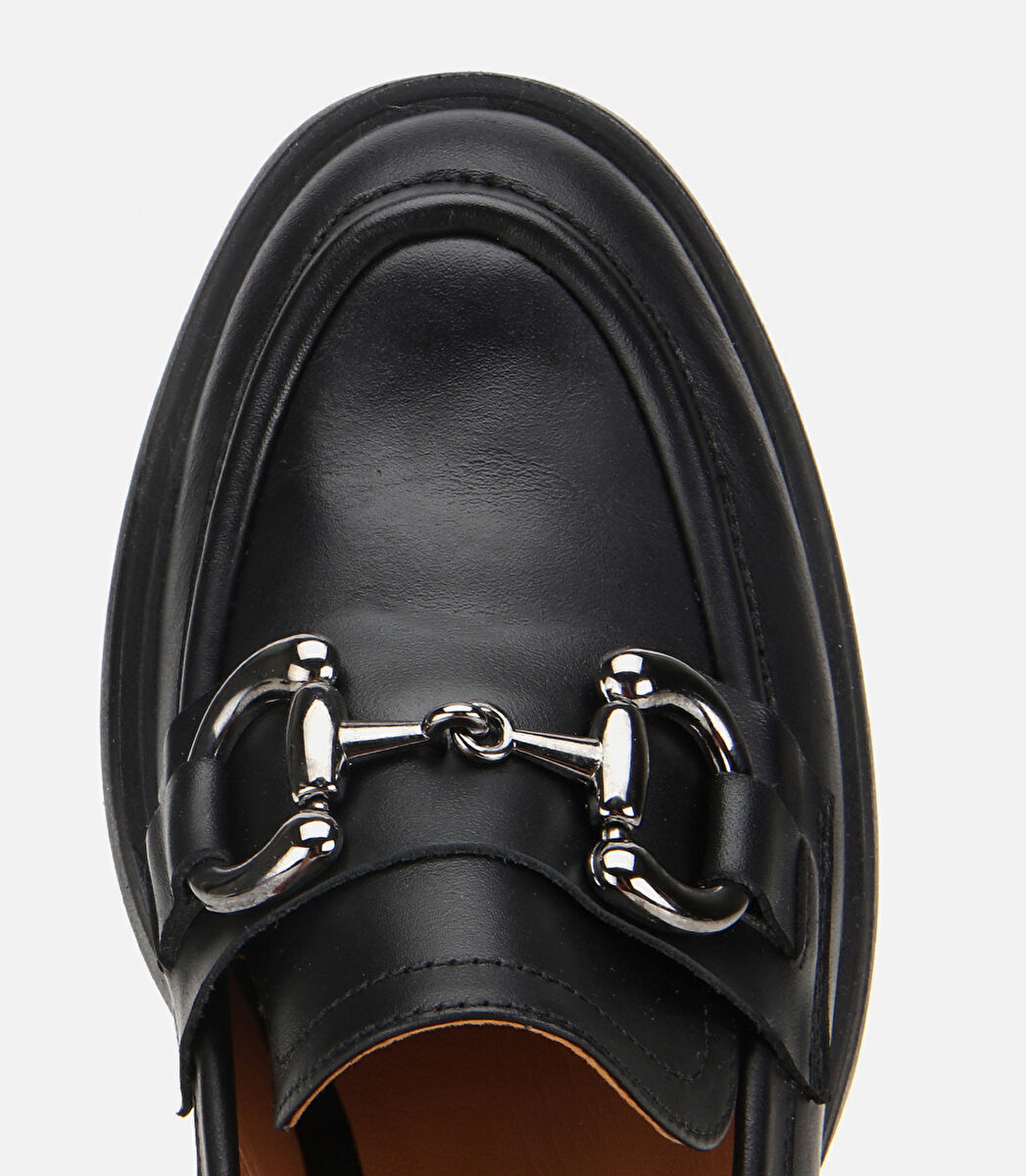 Kadın Deri Siyah Tokalı Yüksek Topuklu Klasik Loafer