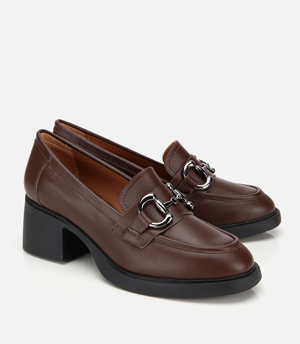 Kadın Deri Kahverengi Tokalı Yüksek Topuklu Klasik Loafer