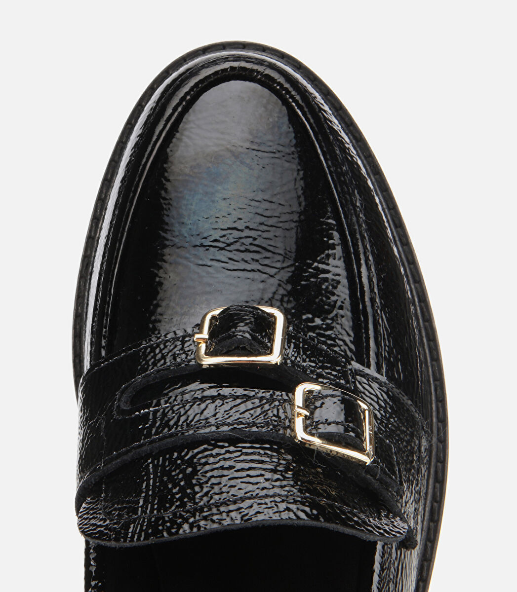 Kadın Rugan Deri Siyah Tokalı Klasik Loafer