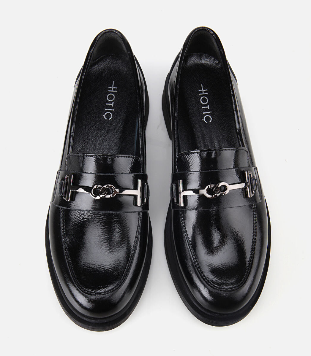 Kadın Deri Siyah Tokalı Klasik Loafer 