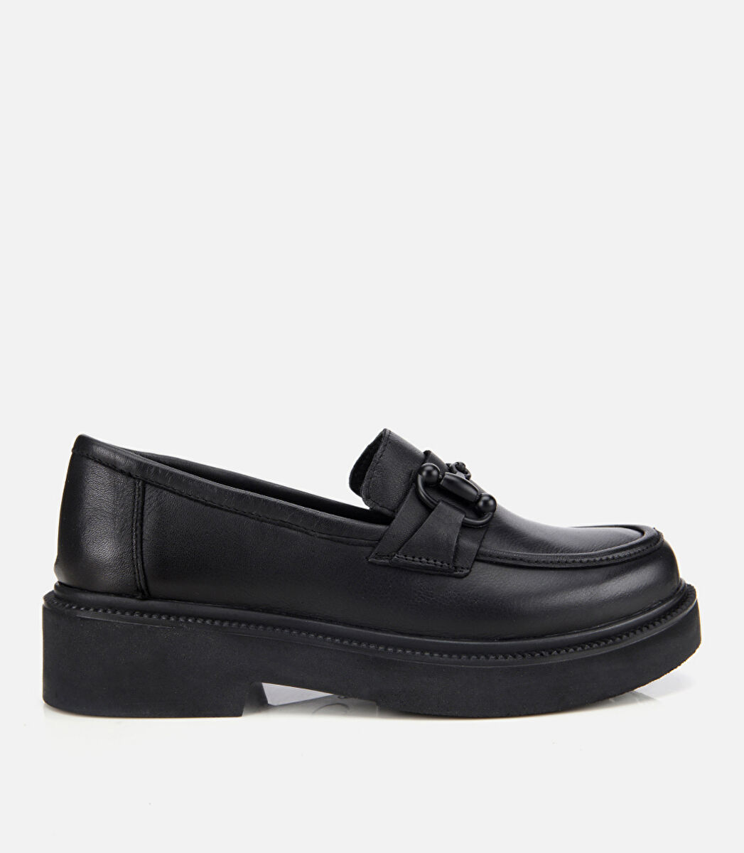 Kadın Deri Siyah Kalın Tabanlı Klasik Loafer