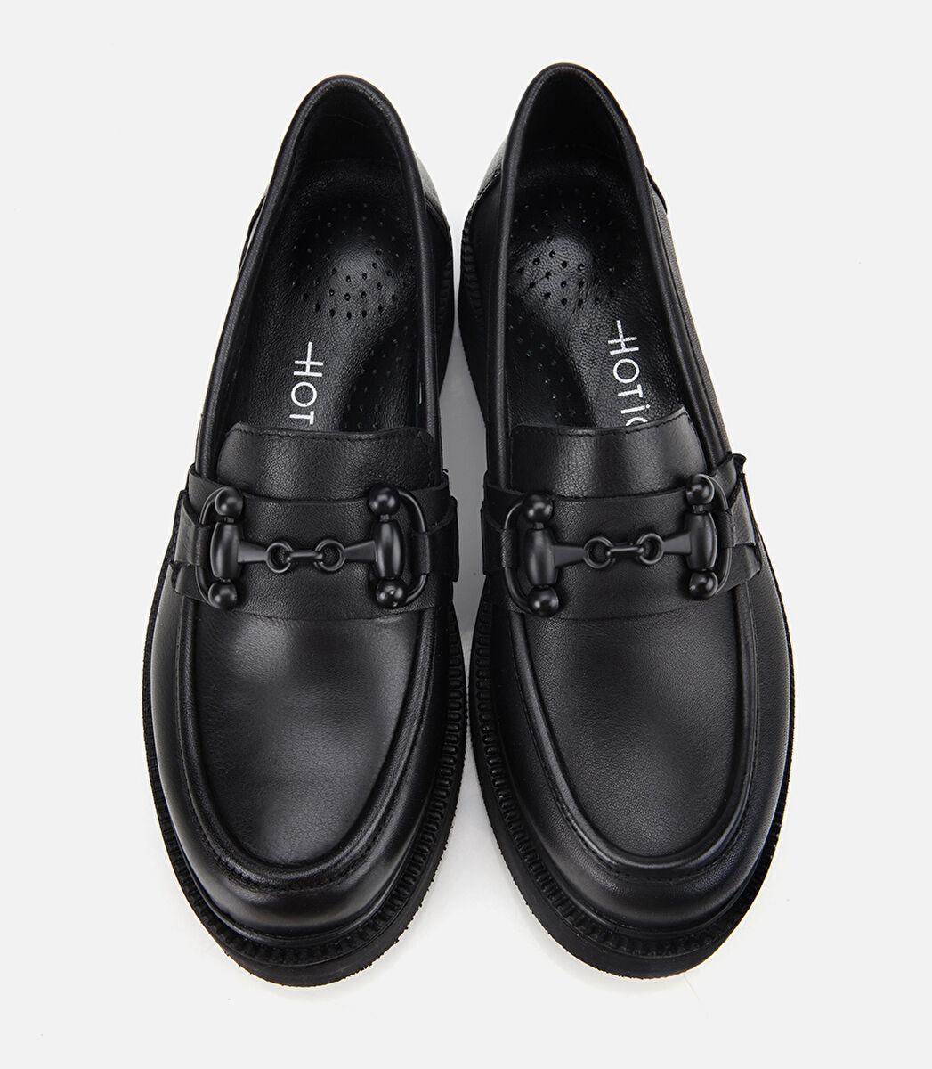 Kadın Deri Siyah Kalın Tabanlı Klasik Loafer