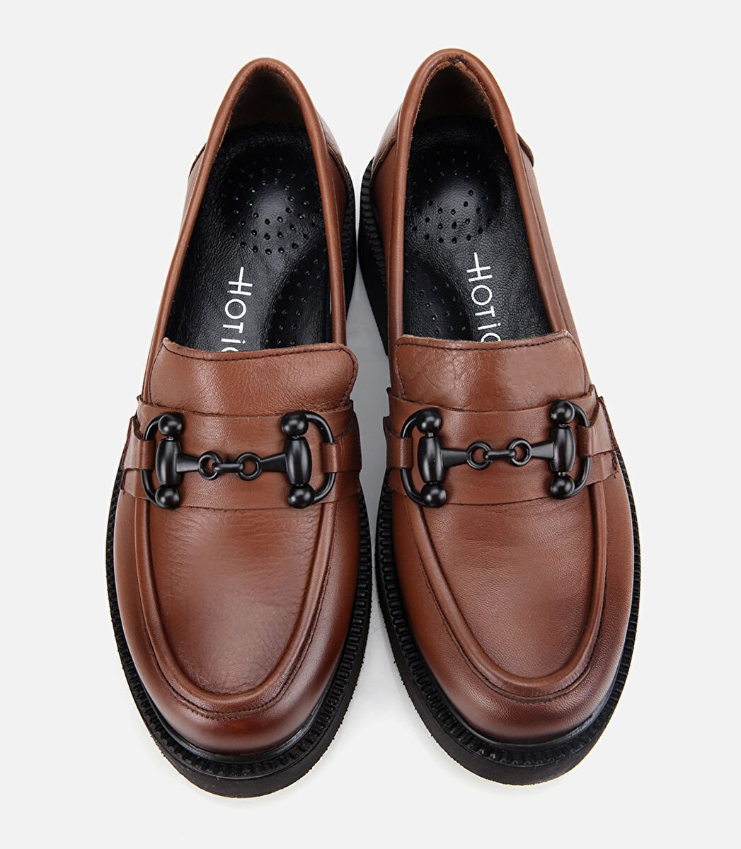 Kadın Deri Kahverengi Kalın Tabanlı Klasik Loafer