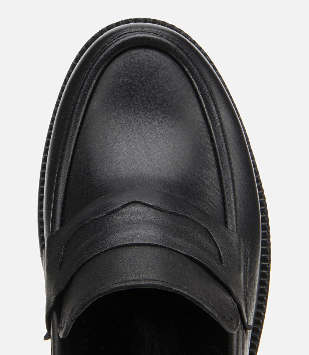 Kadın Deri Siyah Kalın Tabanlı Klasik Loafer