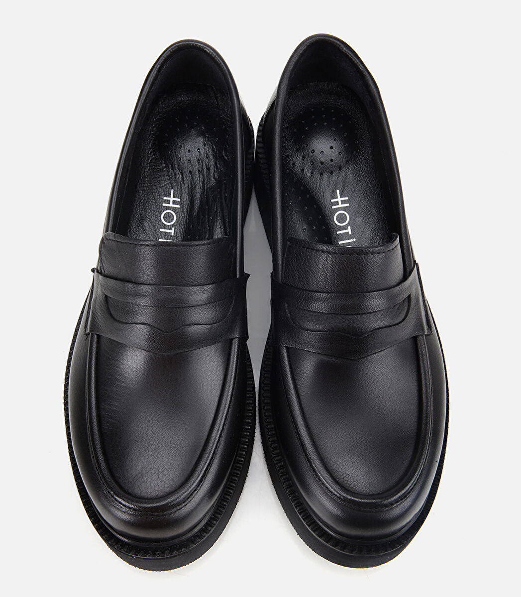 Kadın Deri Siyah Kalın Tabanlı Klasik Loafer