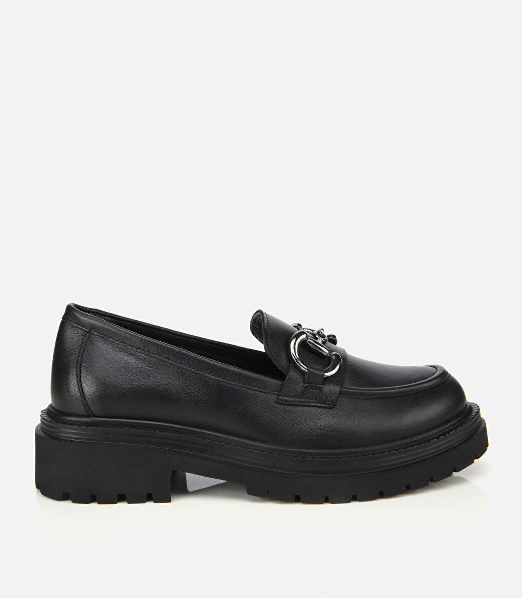 Kadın Deri Siyah Tokalı Yüksek Tabanlı Klasik Loafer