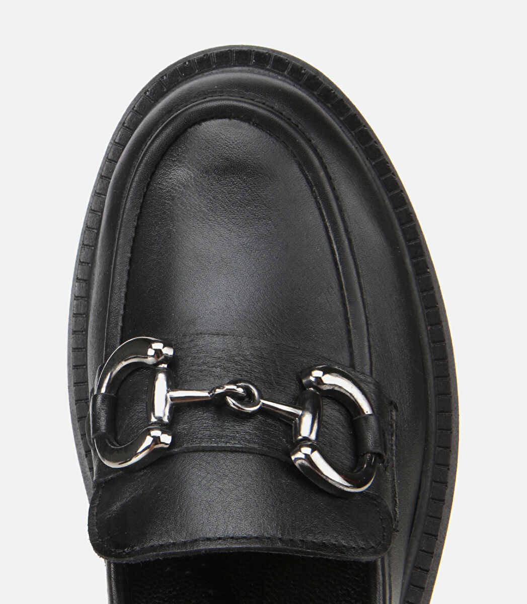 Kadın Deri Siyah Tokalı Yüksek Tabanlı Klasik Loafer