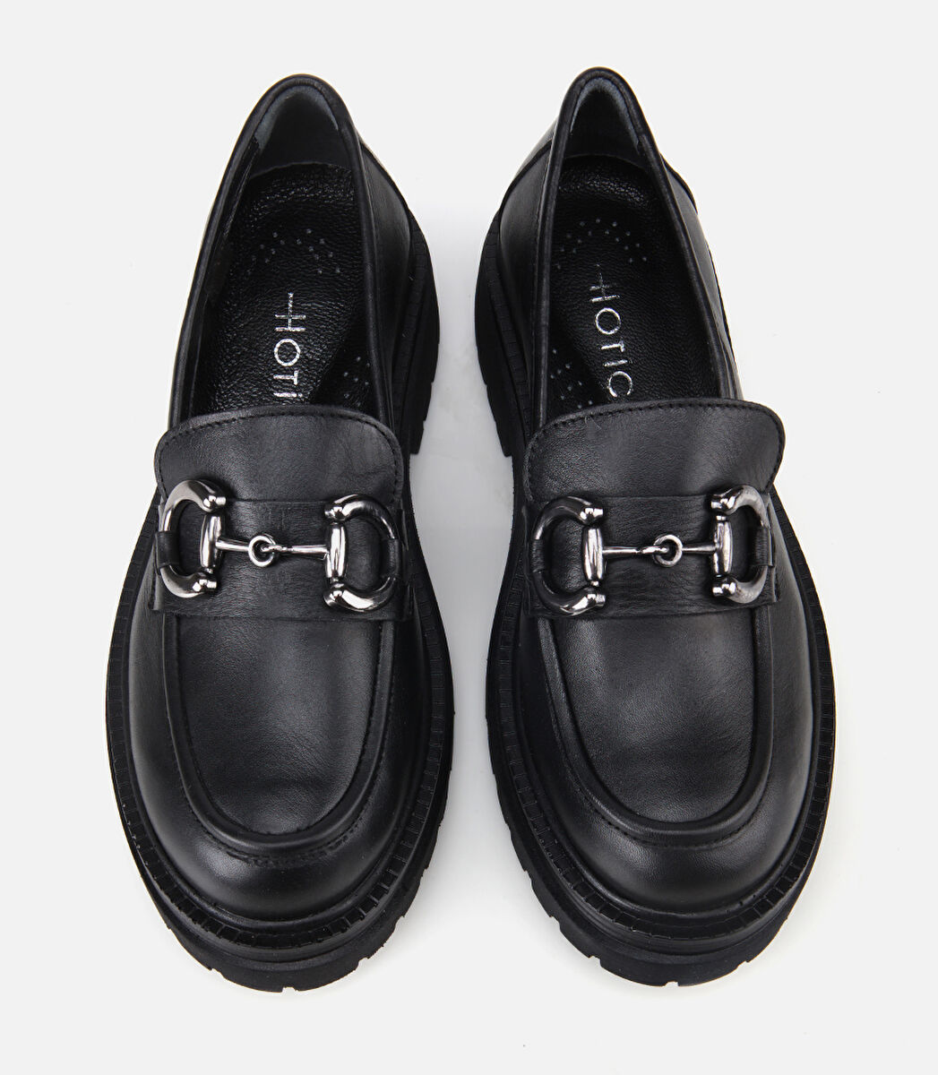 Kadın Deri Siyah Tokalı Yüksek Tabanlı Klasik Loafer