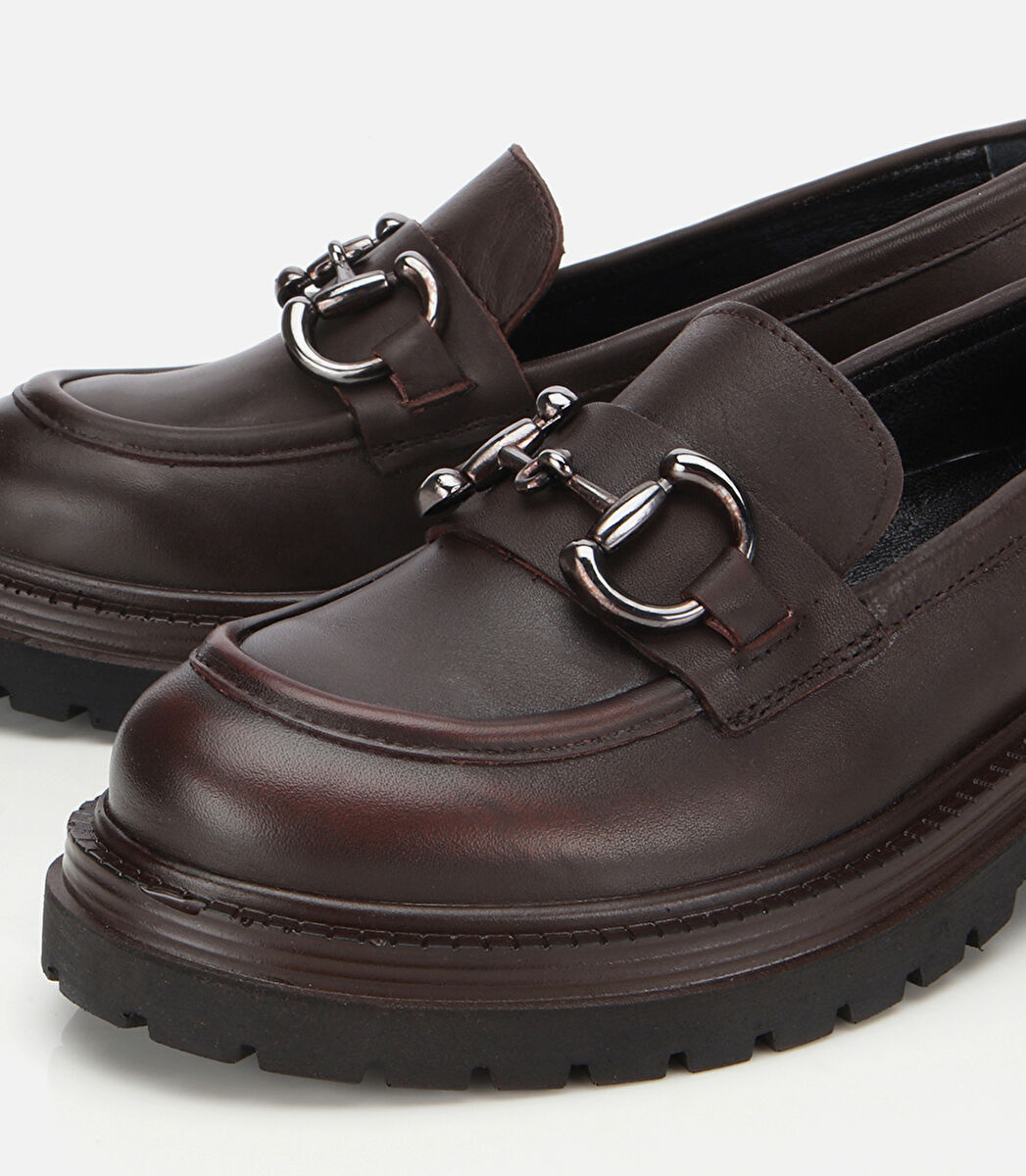 Kadın Deri Kahverengi Tokalı Yüksek Tabanlı Klasik Loafer