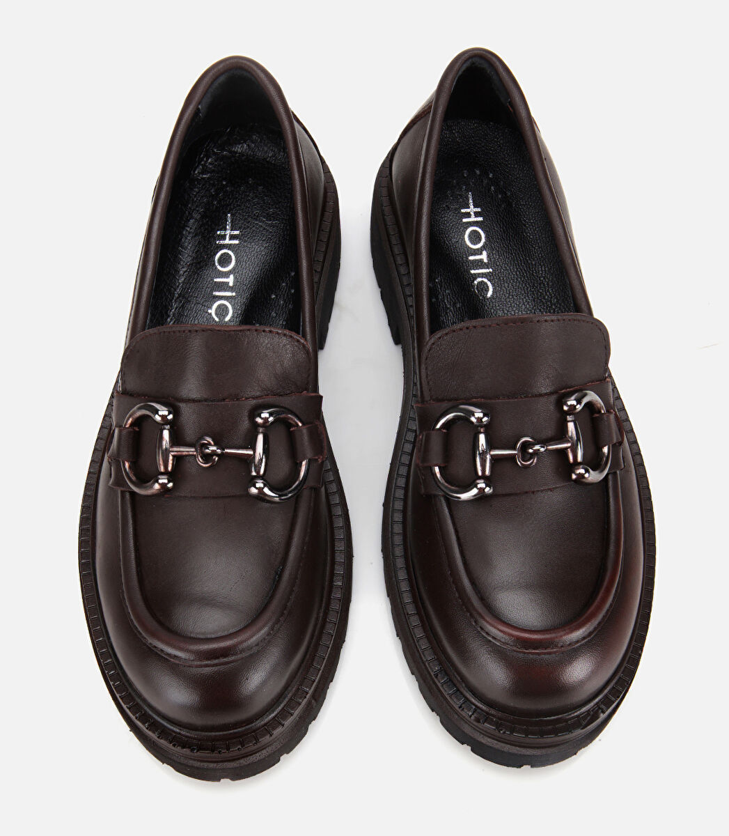 Kadın Deri Kahverengi Tokalı Yüksek Tabanlı Klasik Loafer