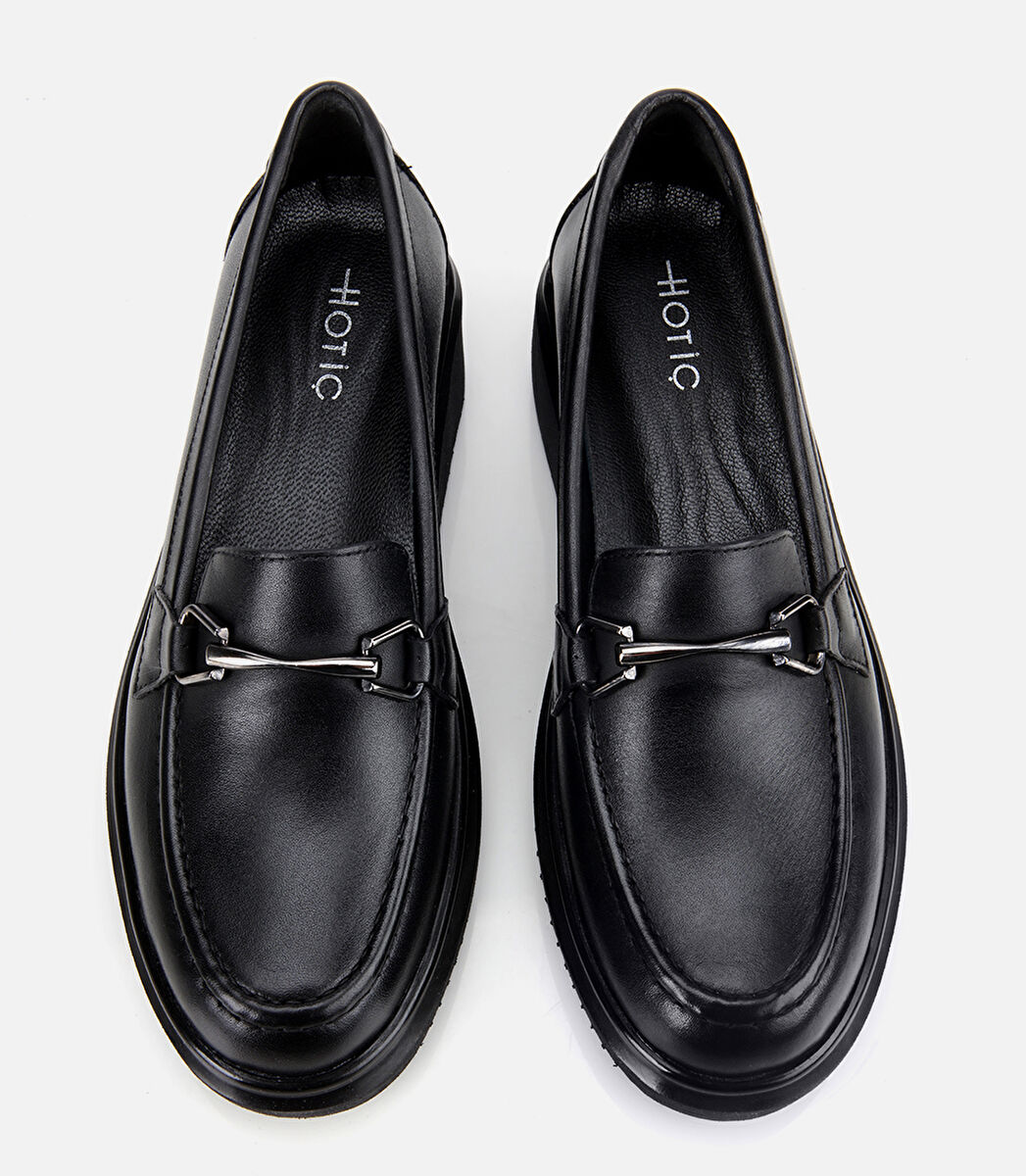 Kadın Deri Siyah Tokalı Dolgu Topuklu Klasik Loafer