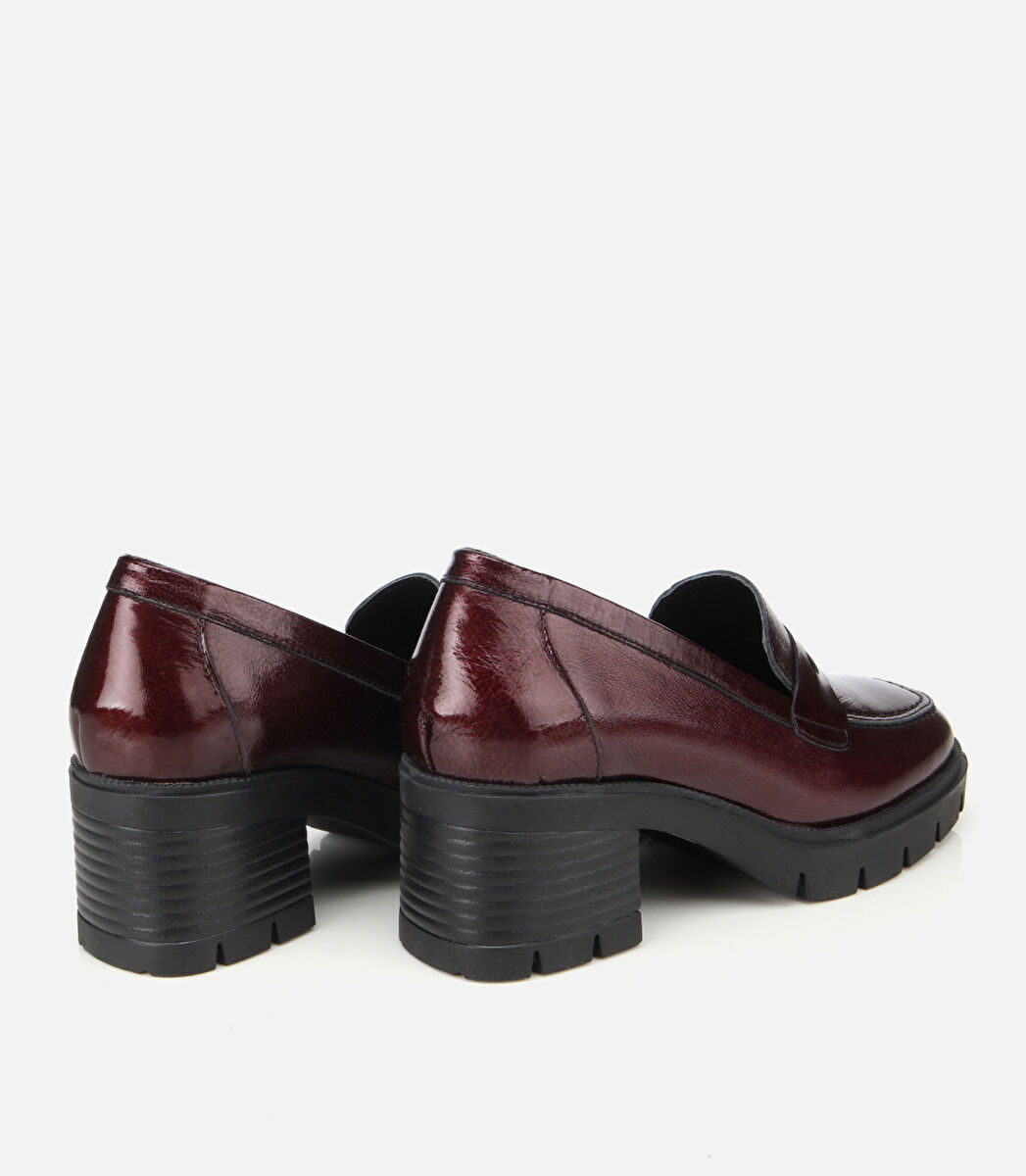 Kadın Rugan Deri Bordo Topuklu Klasik Loafer