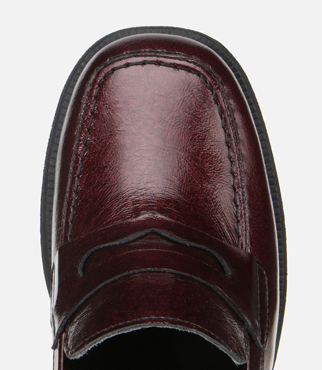 Kadın Rugan Deri Bordo Topuklu Klasik Loafer