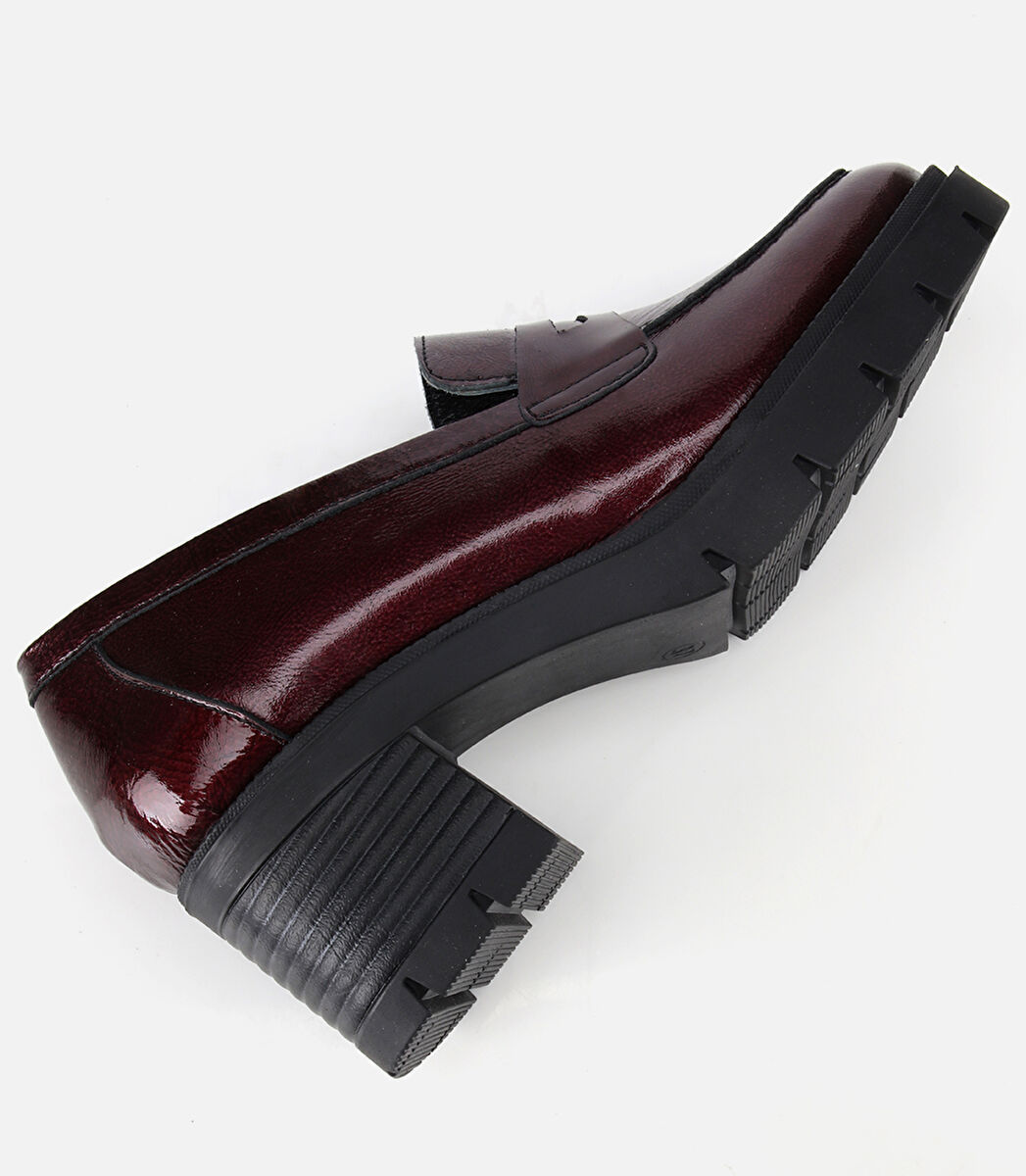 Kadın Rugan Deri Bordo Topuklu Klasik Loafer