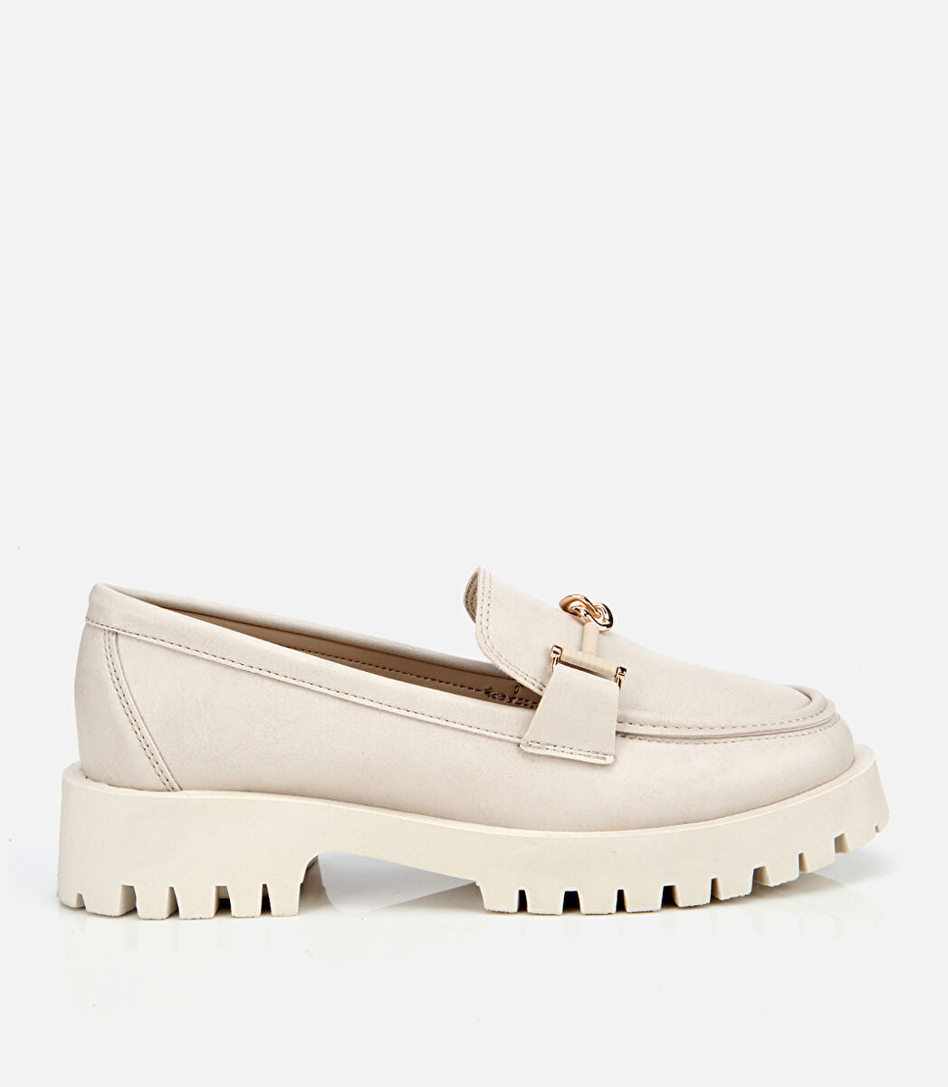 Kadın Ekru Kalın Tabanlı Klasik Loafer