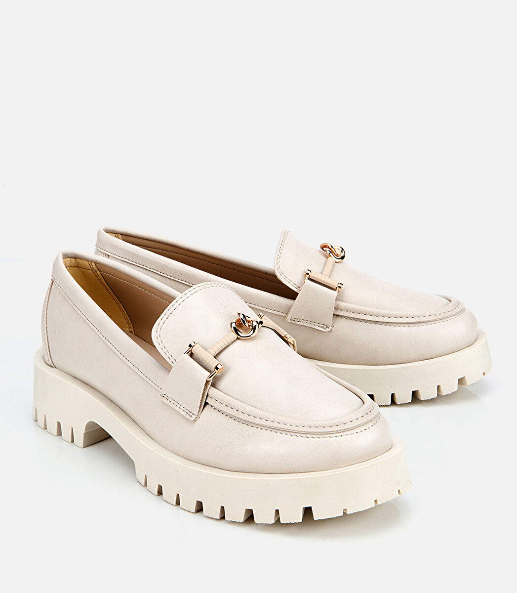 Kadın Ekru Kalın Tabanlı Klasik Loafer