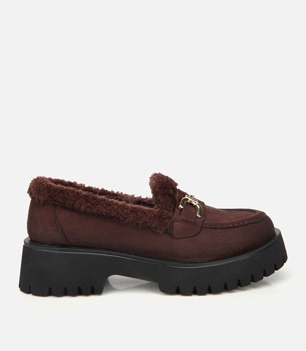 Kadın Süet Kahverengi Kürklü Tokalı Kalın Tabanlı Günlük Loafer