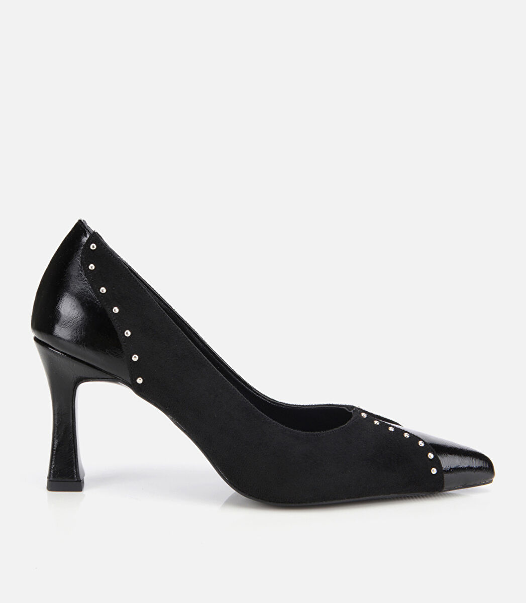 Kadın Süet Siyah Taşlı İnce Topuklu Stiletto