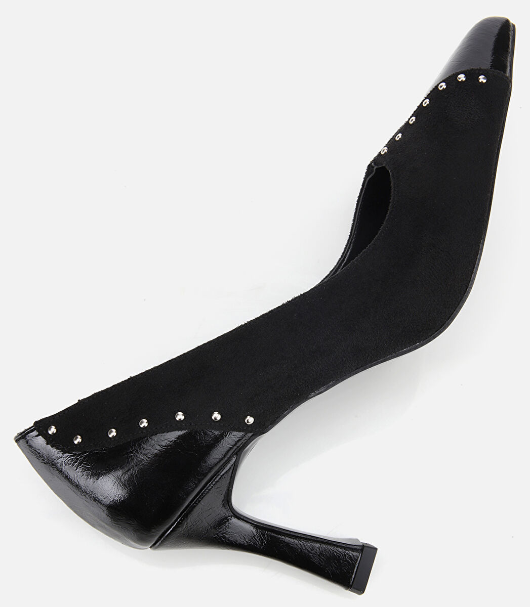 Kadın Süet Siyah Taşlı İnce Topuklu Stiletto