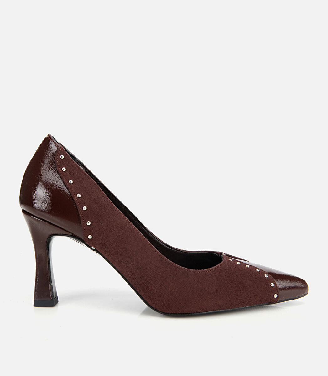 Kadın Süet Kahverengi Taşlı İnce Topuklu Stiletto