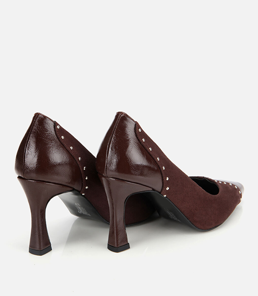 Kadın Süet Kahverengi Taşlı İnce Topuklu Stiletto