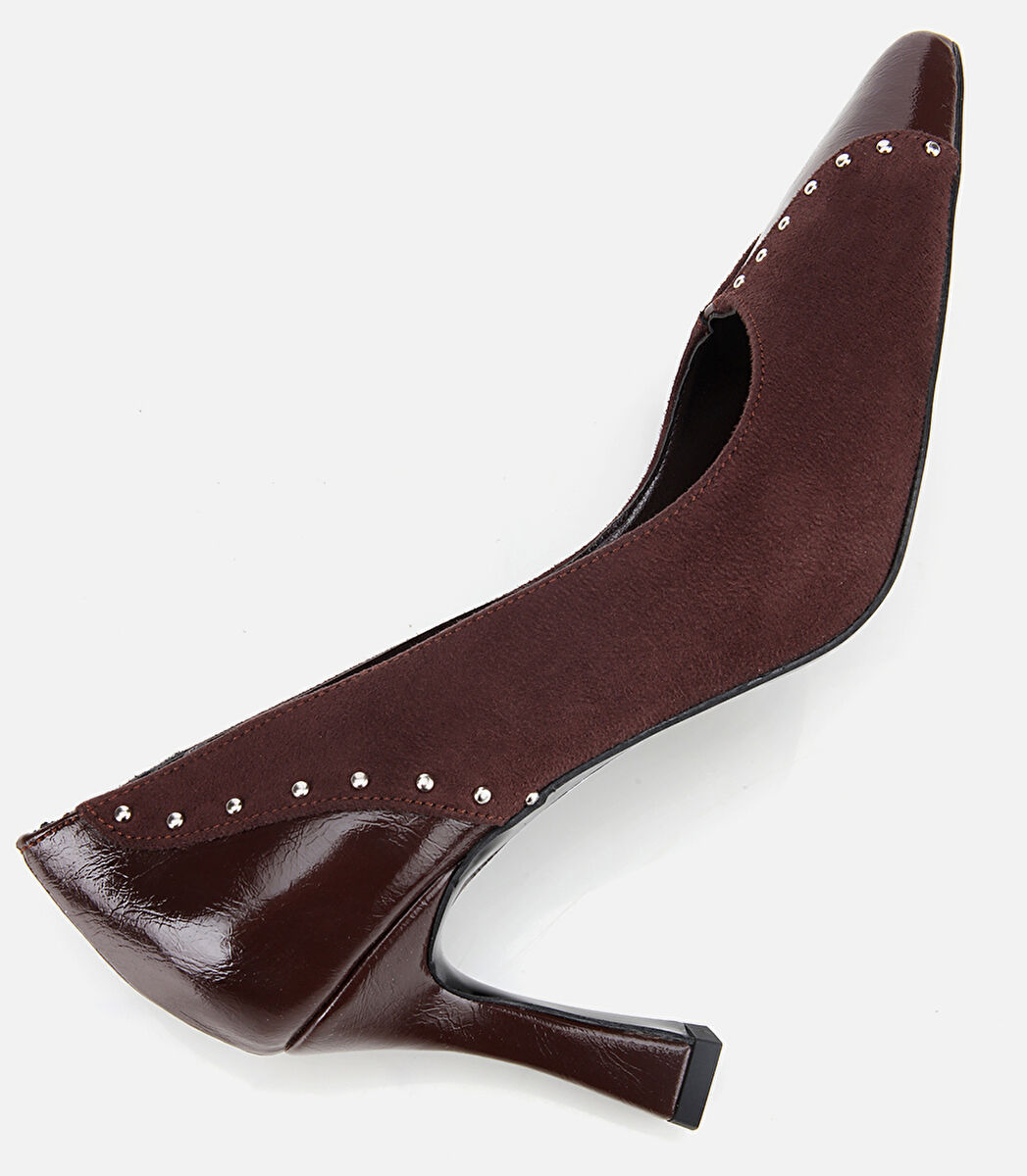 Kadın Süet Kahverengi Taşlı İnce Topuklu Stiletto