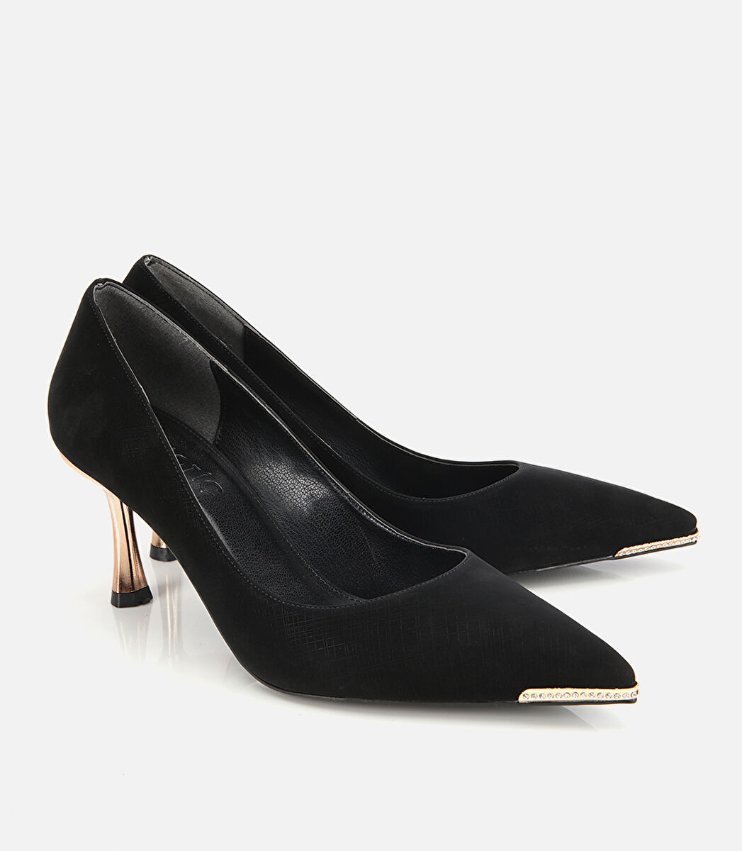 Kadın Saten Siyah Gold Detaylı İnce Topuklu Stiletto