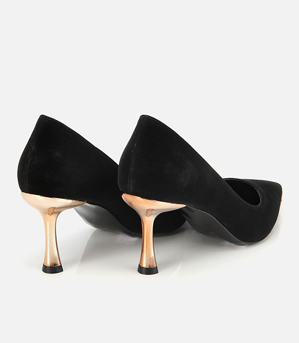 Kadın Saten Siyah Gold Detaylı İnce Topuklu Stiletto