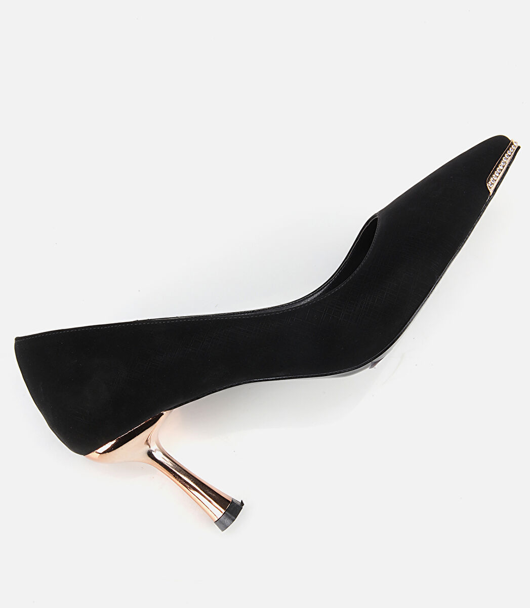 Kadın Saten Siyah Gold Detaylı İnce Topuklu Stiletto