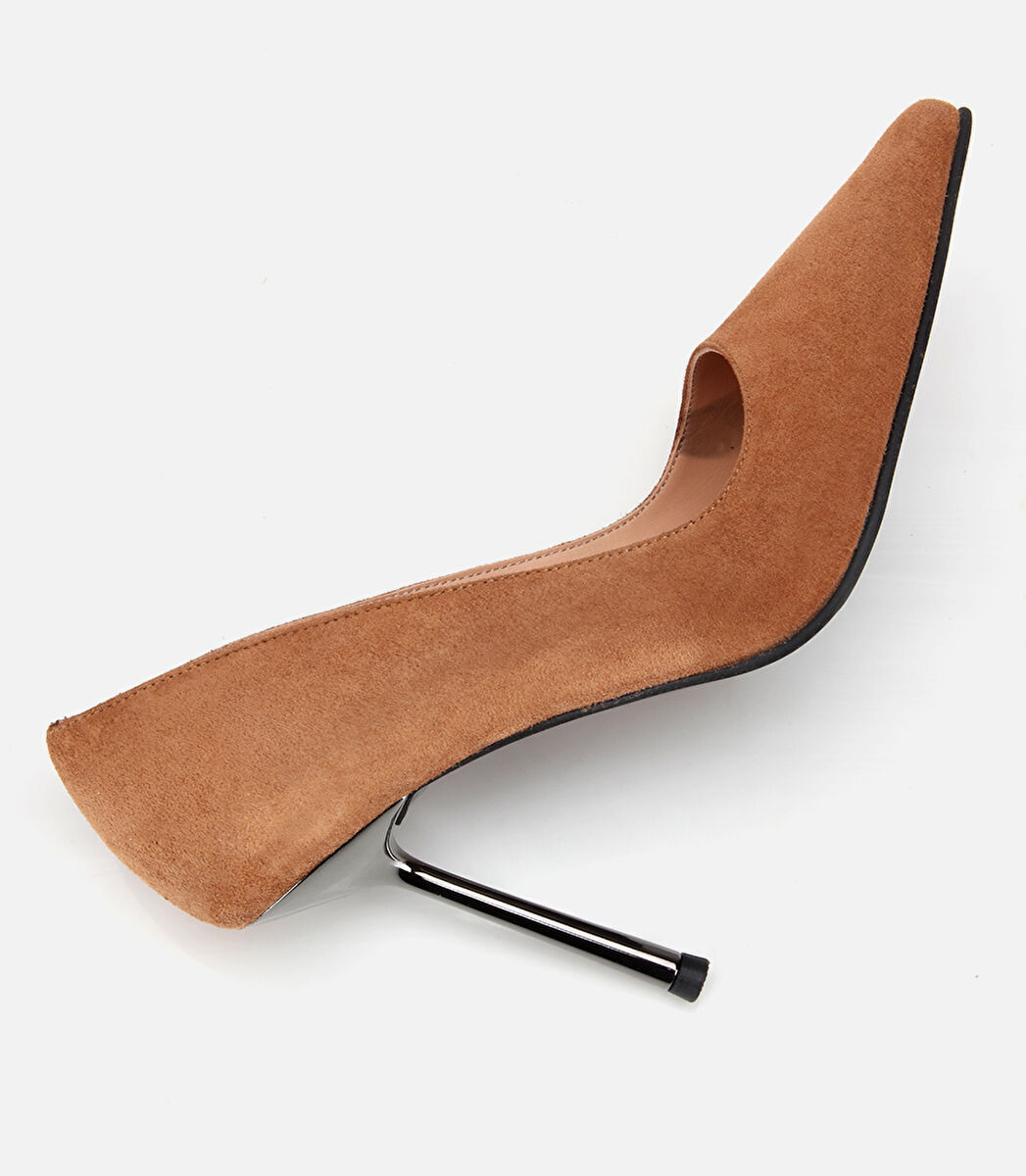Kadın Süet Deri Taba Metal Detaylı Stiletto
