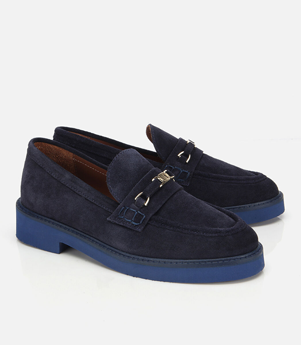 Kadın Süet Deri Lacivert Tokalı Hafif Tabanlı Klasik Loafer