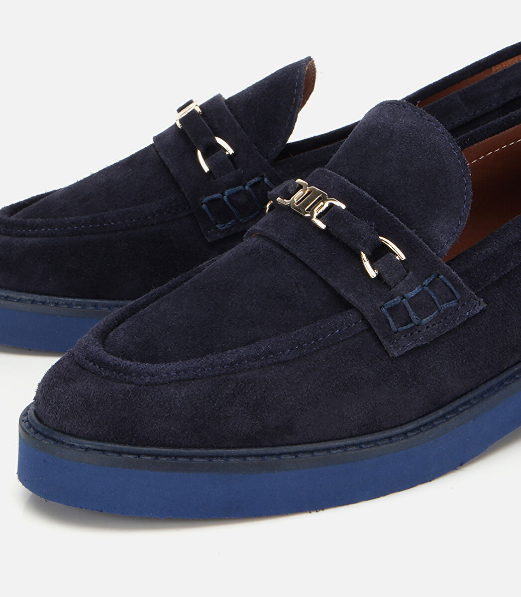 Kadın Süet Deri Lacivert Tokalı Hafif Tabanlı Klasik Loafer