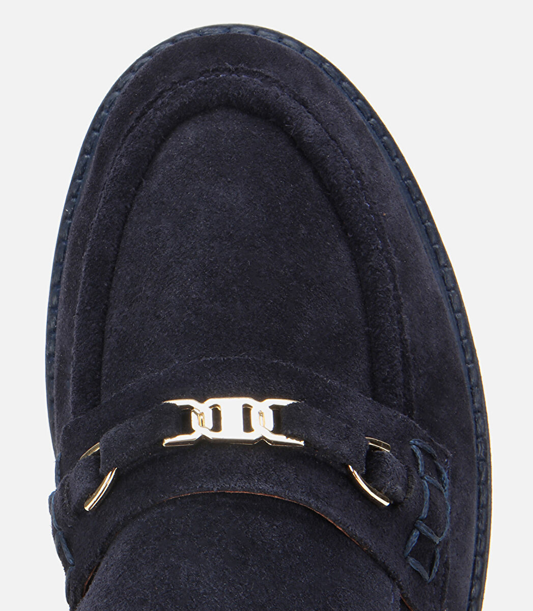 Kadın Süet Deri Lacivert Tokalı Hafif Tabanlı Klasik Loafer