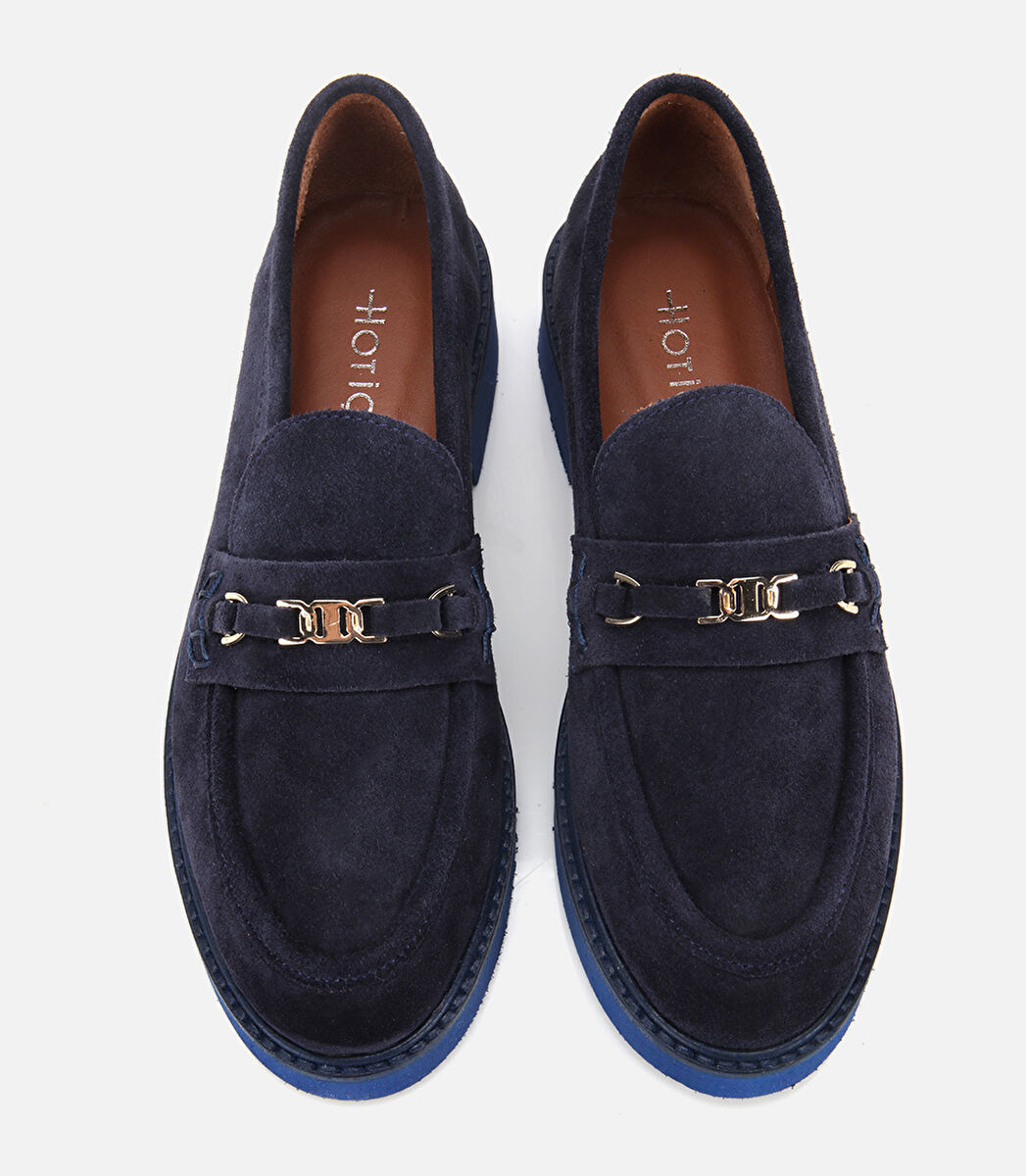 Kadın Süet Deri Lacivert Tokalı Hafif Tabanlı Klasik Loafer