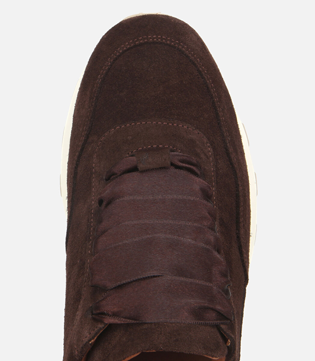 Kadın Süet Deri Kahverengi Bağcık Detaylı Yüksek Tabanlı Spor Ayakkabı