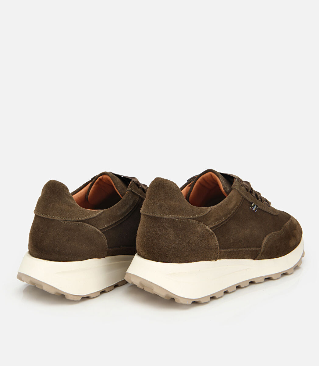 Kadın Süet Deri Haki Bağcık Detaylı Yüksek Tabanlı Spor Ayakkabı