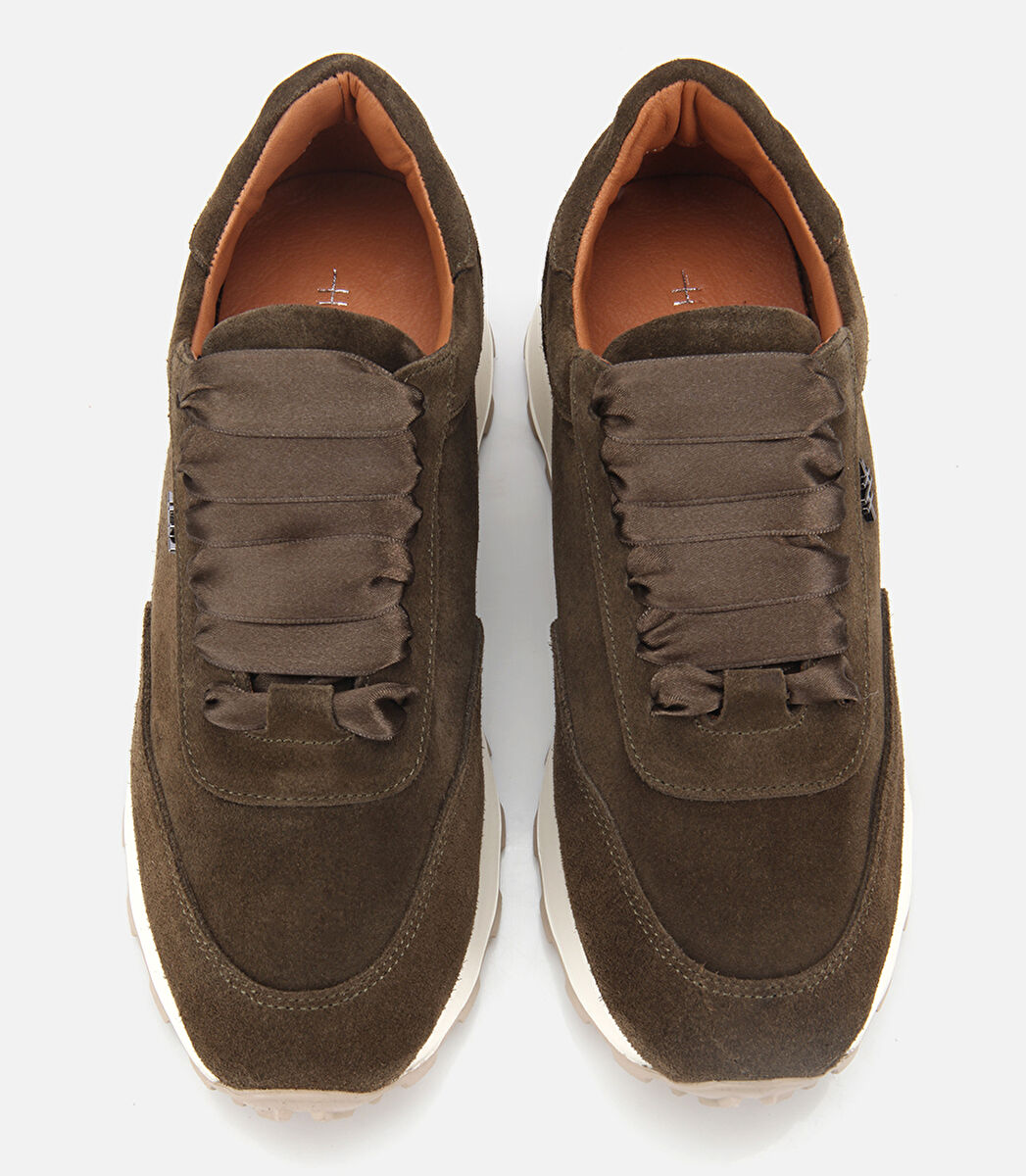 Kadın Süet Deri Haki Bağcık Detaylı Yüksek Tabanlı Spor Ayakkabı